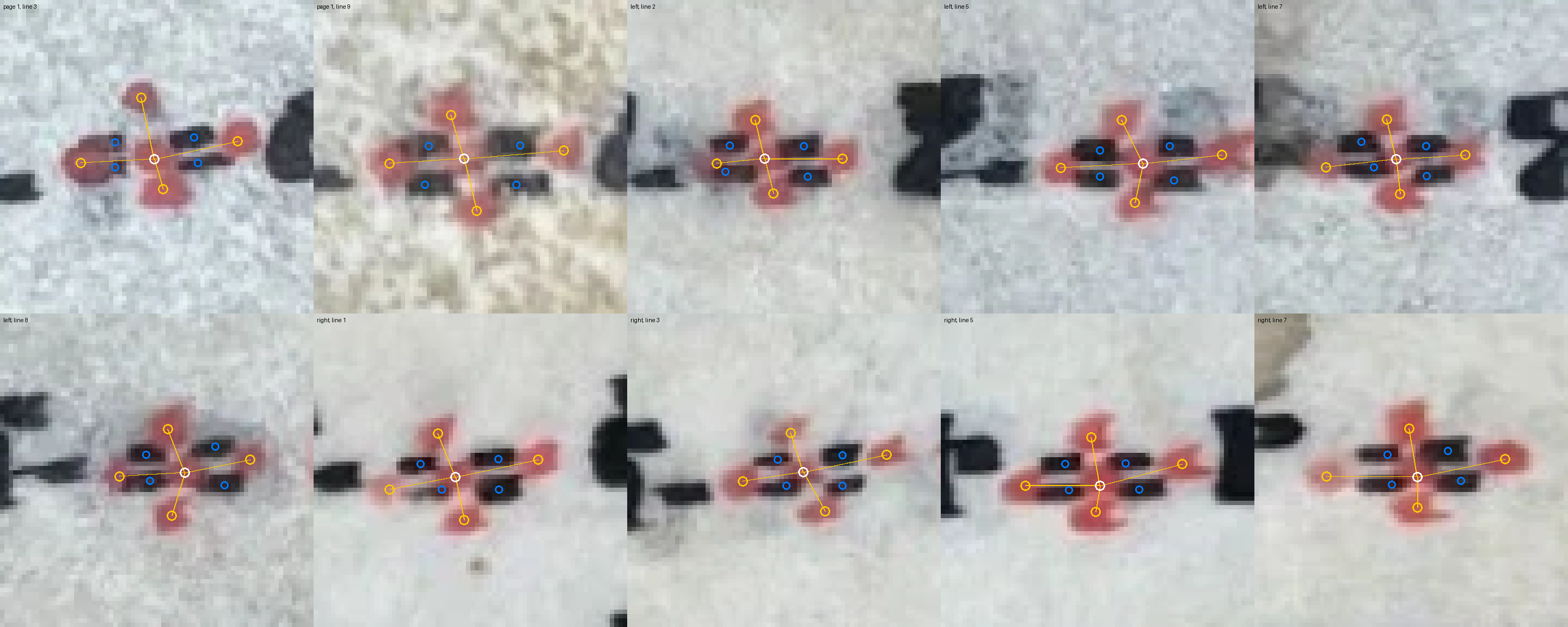The ten word marks enlarged eight times, their dots and bars as found